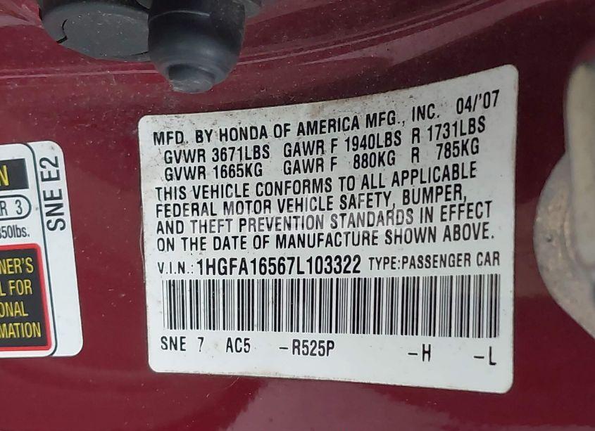 Photo 9 of 2007 Honda Civic LX (VIN 1HGFA16567L103322)