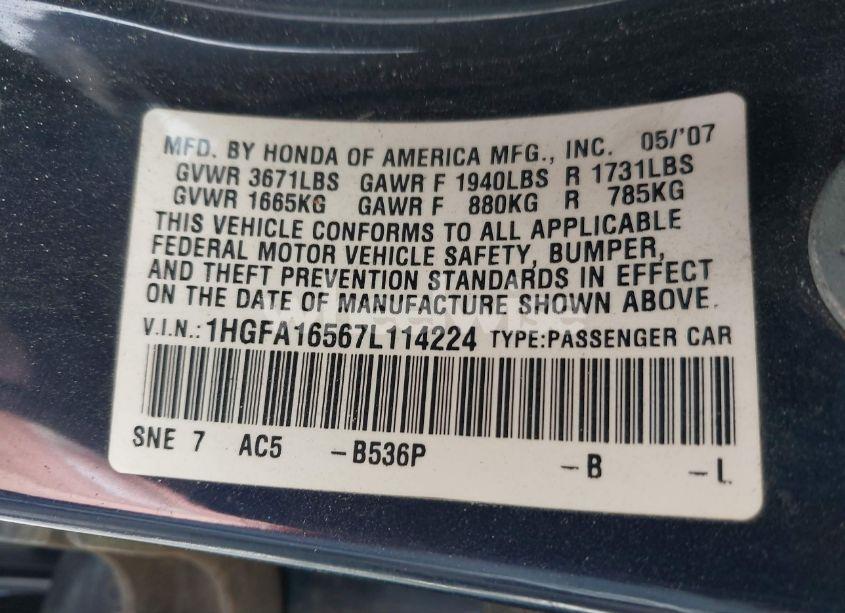 Photo 9 of 2007 Honda Civic LX (VIN 1HGFA16567L114224)