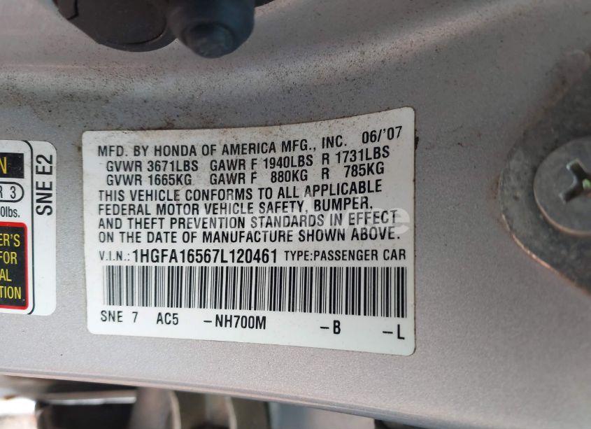 Photo 9 of 2007 Honda Civic LX (VIN 1HGFA16567L120461)