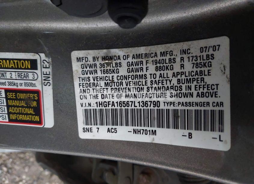 Photo 9 of 2007 Honda Civic LX (VIN 1HGFA16567L136790)