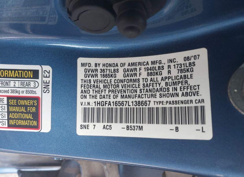 Photo 9 of 2007 Honda Civic LX (VIN 1HGFA16567L138667)