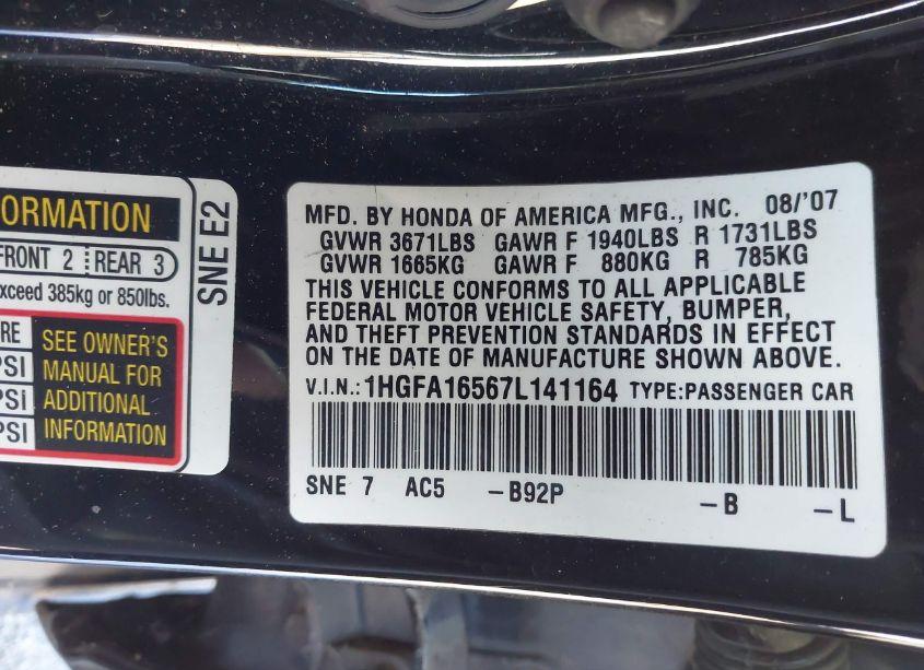 Photo 9 of 2007 Honda Civic LX (VIN 1HGFA16567L141164)