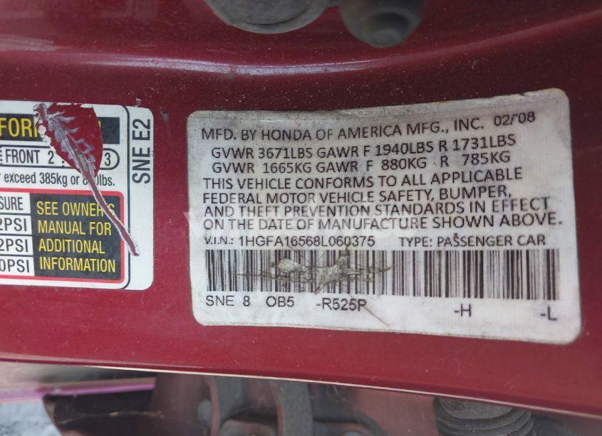 Photo 9 of 2008 Honda Civic LX (VIN 1HGFA16568L060375)