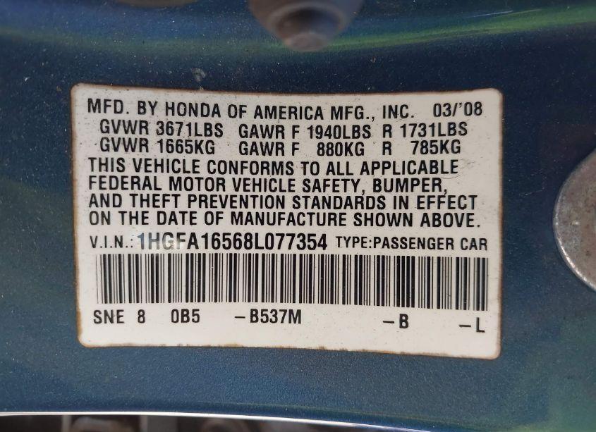 Photo 9 of 2008 Honda Civic LX (VIN 1HGFA16568L077354)