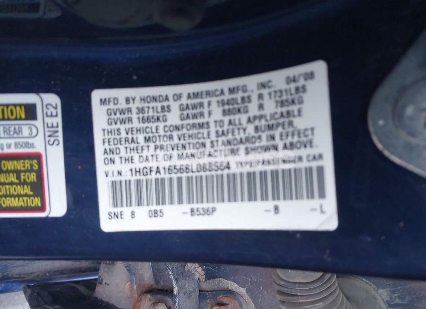 Photo 9 of 2008 Honda Civic LX (VIN 1HGFA16568L088564)