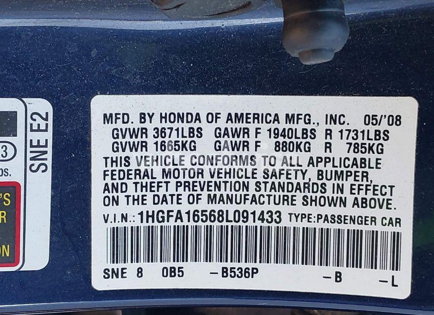 Photo 9 of 2008 Honda Civic LX (VIN 1HGFA16568L091433)