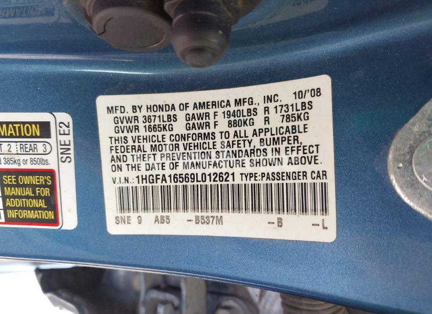 Photo 9 of 2009 Honda Civic LX (VIN 1HGFA16569L012621)