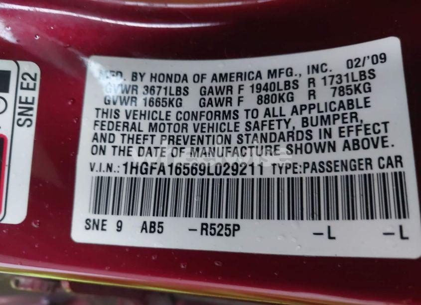 Photo 9 of 2009 Honda Civic LX (VIN 1HGFA16569L029211)
