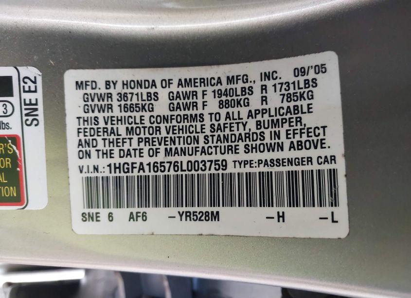 Photo 9 of 2006 Honda Civic LX (VIN 1HGFA16576L003759)