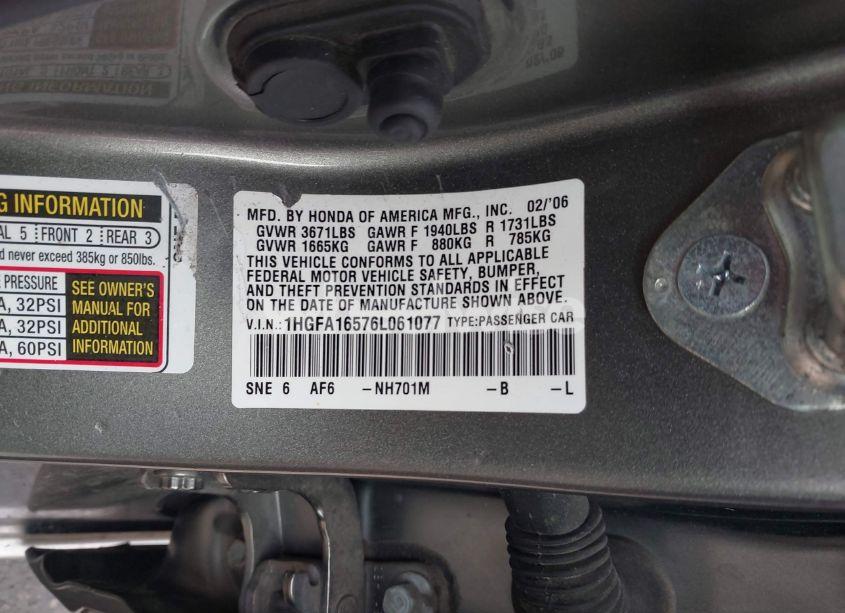 Photo 8 of 2006 Honda Civic LX (VIN 1HGFA16576L061077)