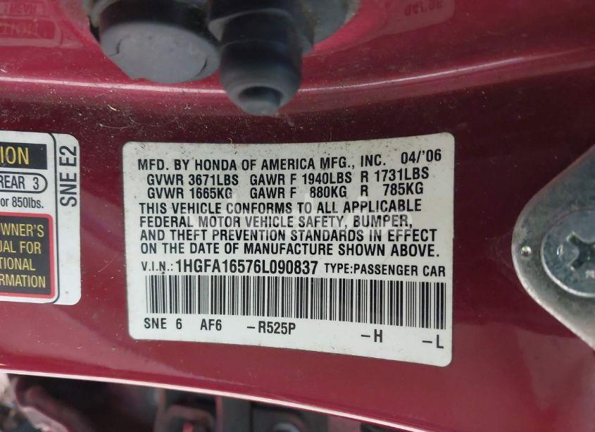 Photo 9 of 2006 Honda Civic LX (VIN 1HGFA16576L090837)