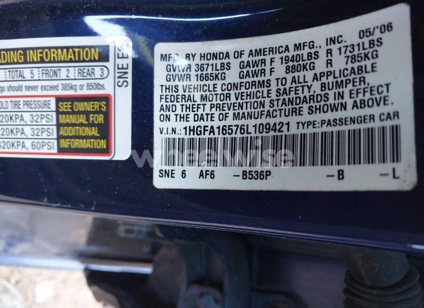 Photo 9 of 2006 Honda Civic LX (VIN 1HGFA16576L109421)