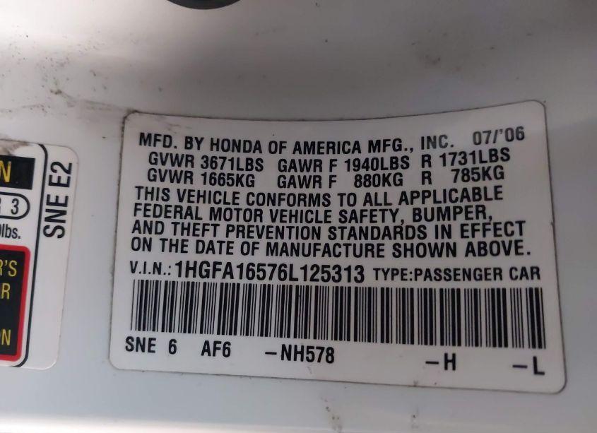 Photo 9 of 2006 Honda Civic LX (VIN 1HGFA16576L125313)