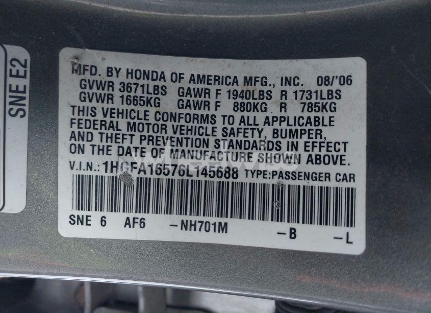 Photo 9 of 2006 Honda Civic LX (VIN 1HGFA16576L145688)