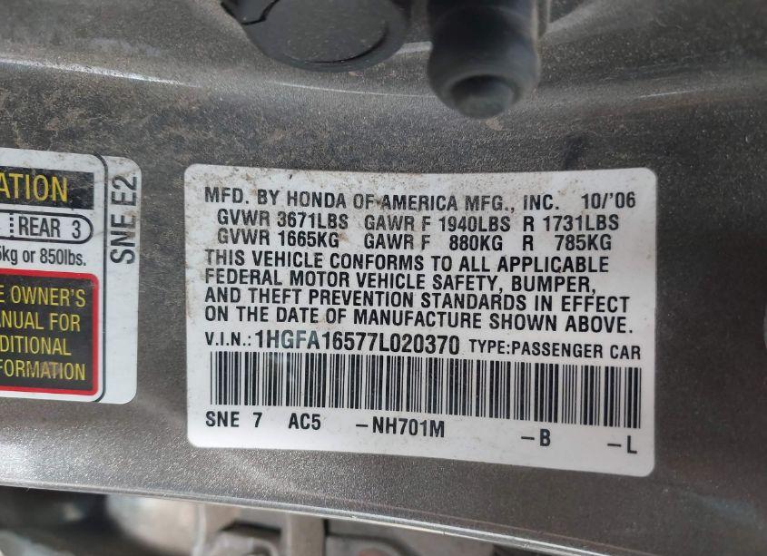 Photo 9 of 2007 Honda Civic LX (VIN 1HGFA16577L020370)