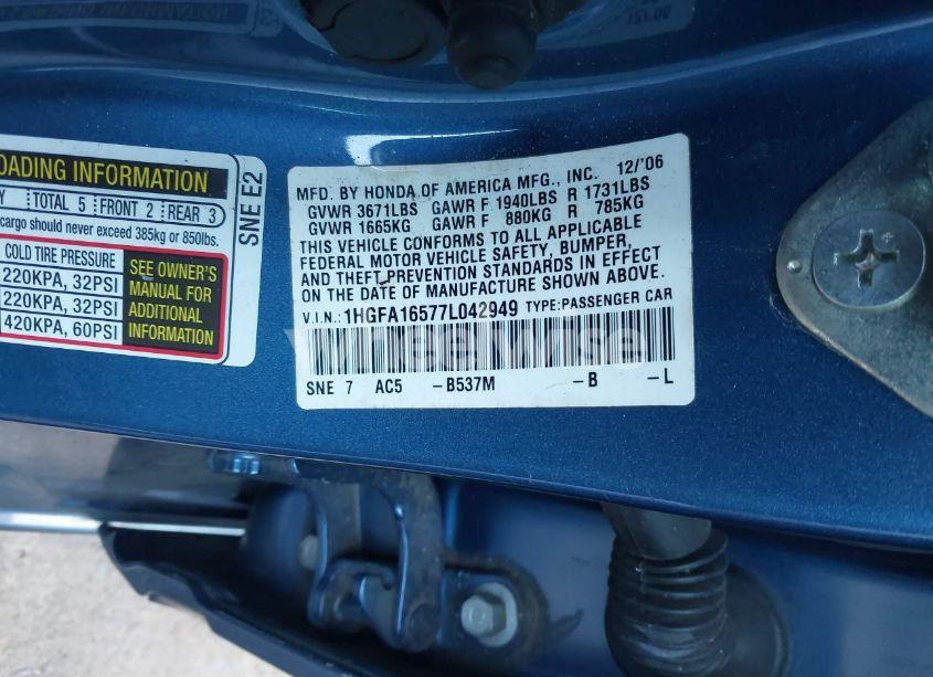 Photo 9 of 2007 Honda Civic LX (VIN 1HGFA16577L042949)
