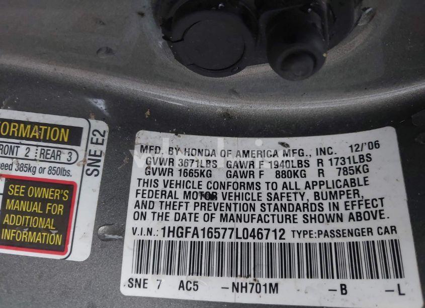 Photo 9 of 2007 Honda Civic LX (VIN 1HGFA16577L046712)