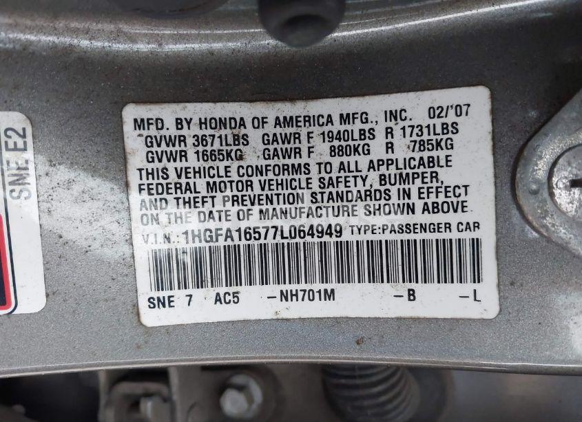 Photo 9 of 2007 Honda Civic LX (VIN 1HGFA16577L064949)