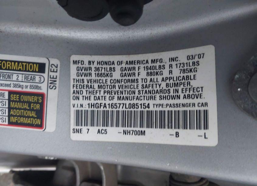 Photo 9 of 2007 Honda Civic LX (VIN 1HGFA16577L085154)