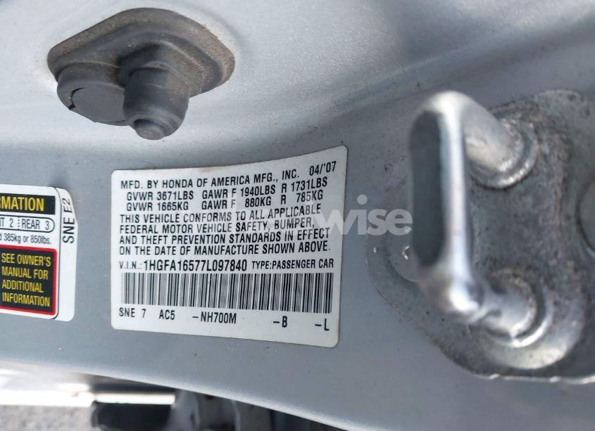 Photo 11 of 2007 Honda Civic LX (VIN 1HGFA16577L097840)