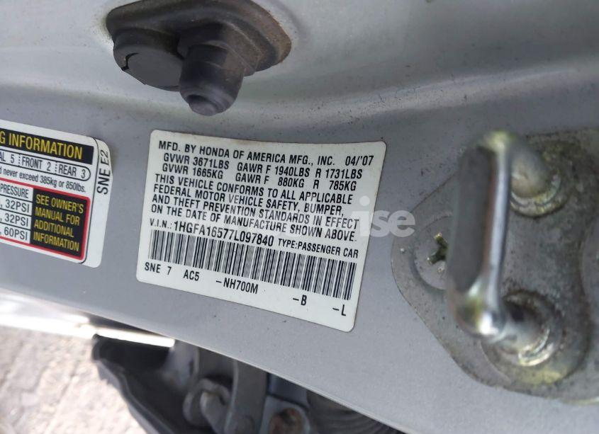 Photo 9 of 2007 Honda Civic LX (VIN 1HGFA16577L097840)