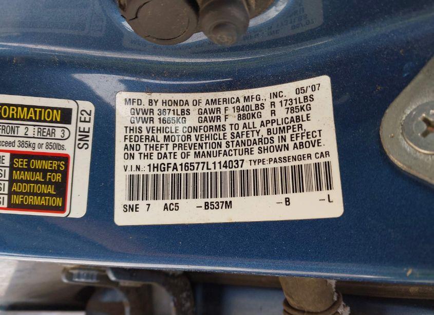 Photo 9 of 2007 Honda Civic LX (VIN 1HGFA16577L114037)