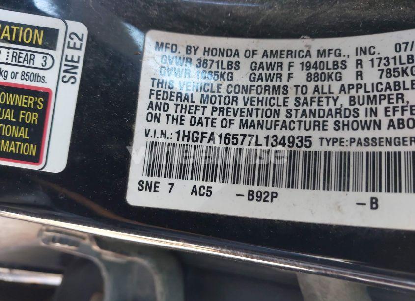 Photo 9 of 2007 Honda Civic LX (VIN 1HGFA16577L134935)