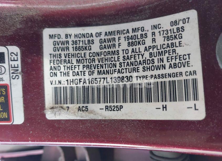 Photo 9 of 2007 Honda Civic LX (VIN 1HGFA16577L139830)