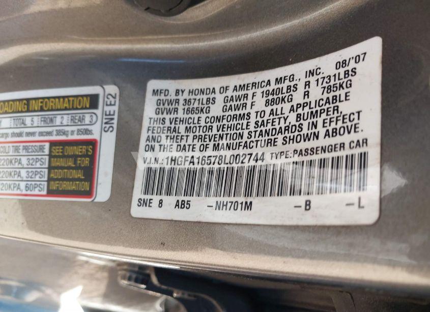 Photo 9 of 2008 Honda Civic LX (VIN 1HGFA16578L002744)
