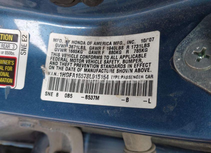 Photo 9 of 2008 Honda Civic LX (VIN 1HGFA16578L015154)