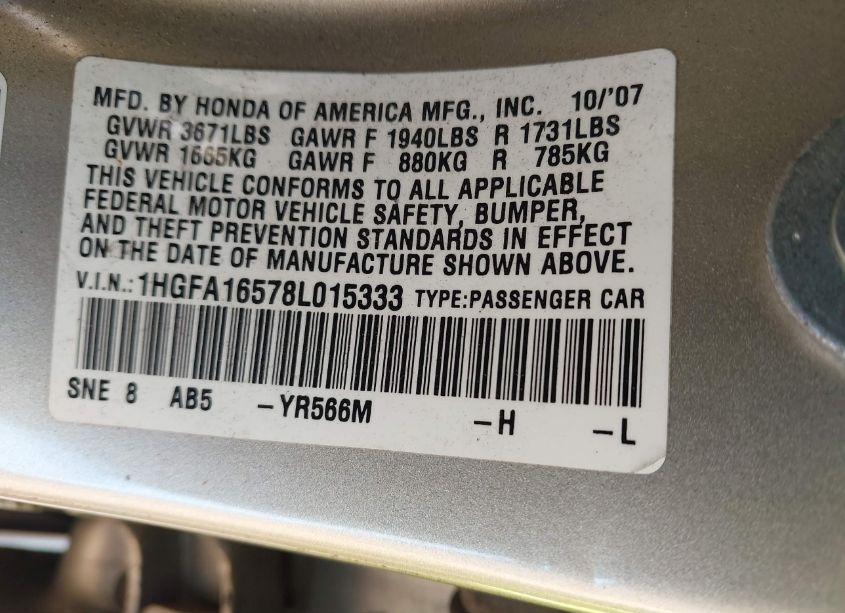 Photo 9 of 2008 Honda Civic LX (VIN 1HGFA16578L015333)