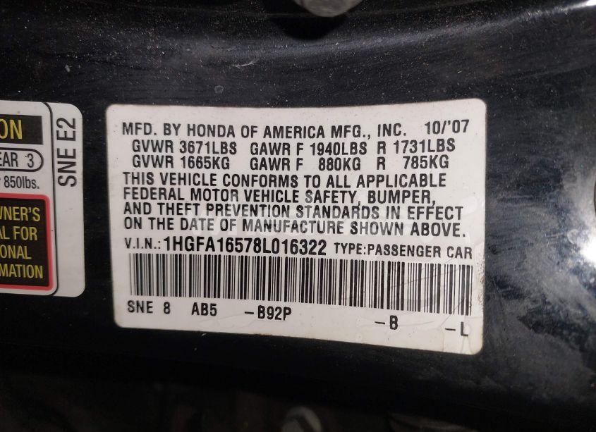 Photo 9 of 2008 Honda Civic LX (VIN 1HGFA16578L016322)