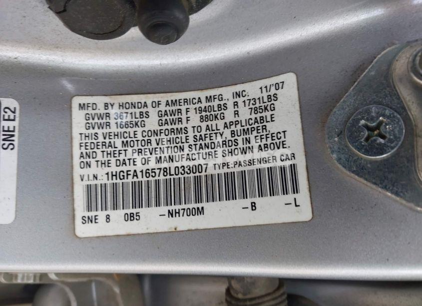 Photo 9 of 2008 Honda Civic LX (VIN 1HGFA16578L033007)