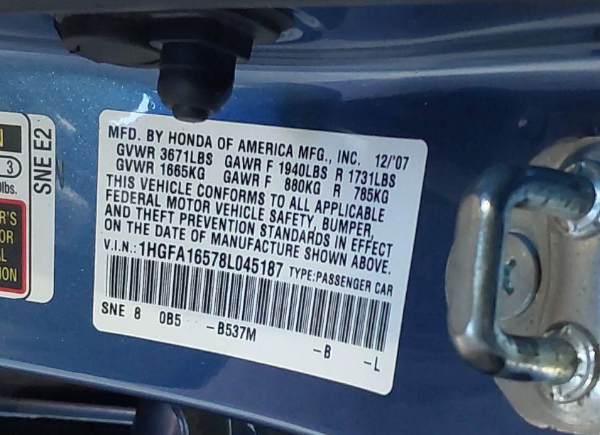 Photo 9 of 2008 Honda Civic LX (VIN 1HGFA16578L045187)