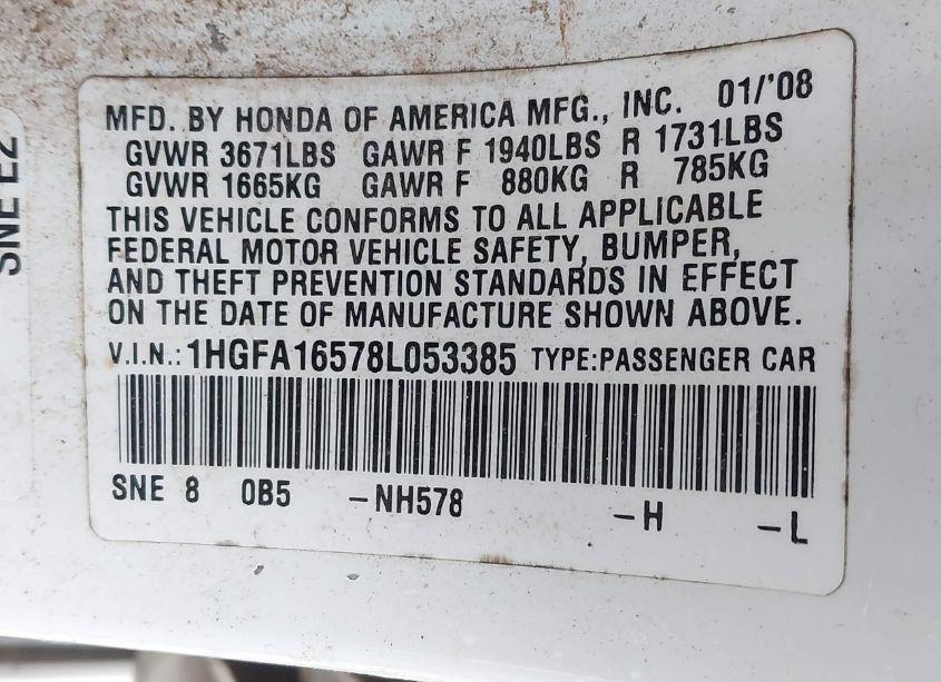 Photo 9 of 2008 Honda Civic LX (VIN 1HGFA16578L053385)