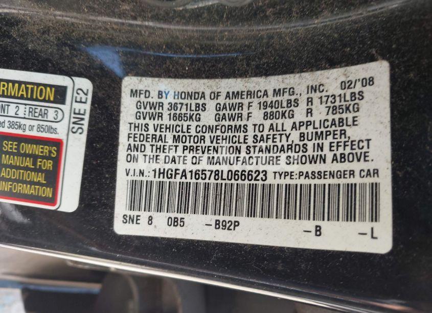 Photo 9 of 2008 Honda Civic LX (VIN 1HGFA16578L066623)