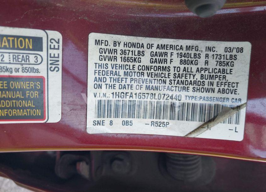 Photo 9 of 2008 Honda Civic LX (VIN 1HGFA16578L072440)