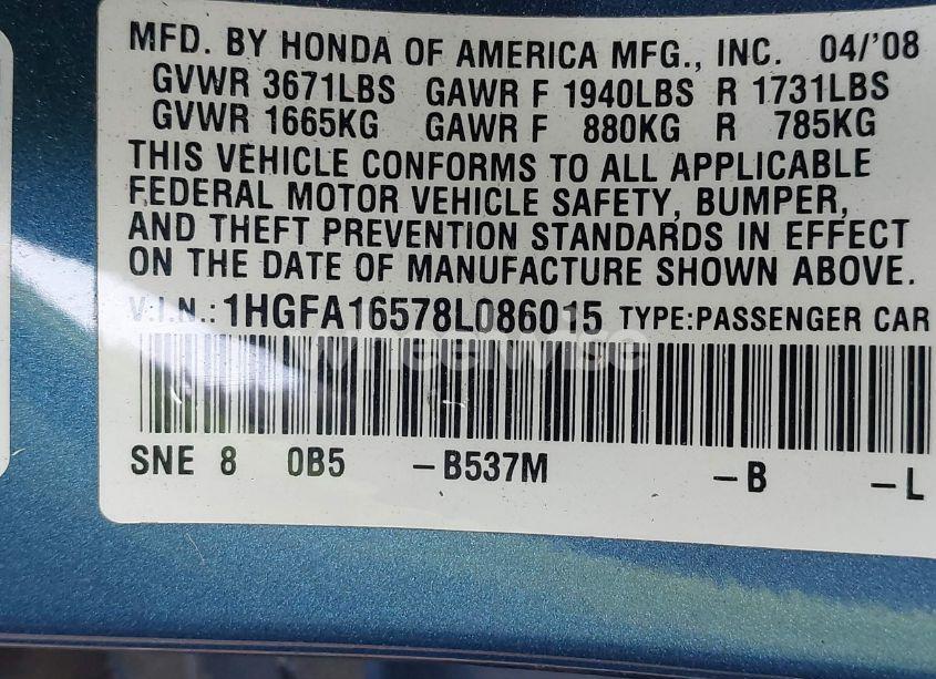 Photo 9 of 2008 Honda Civic LX (VIN 1HGFA16578L086015)
