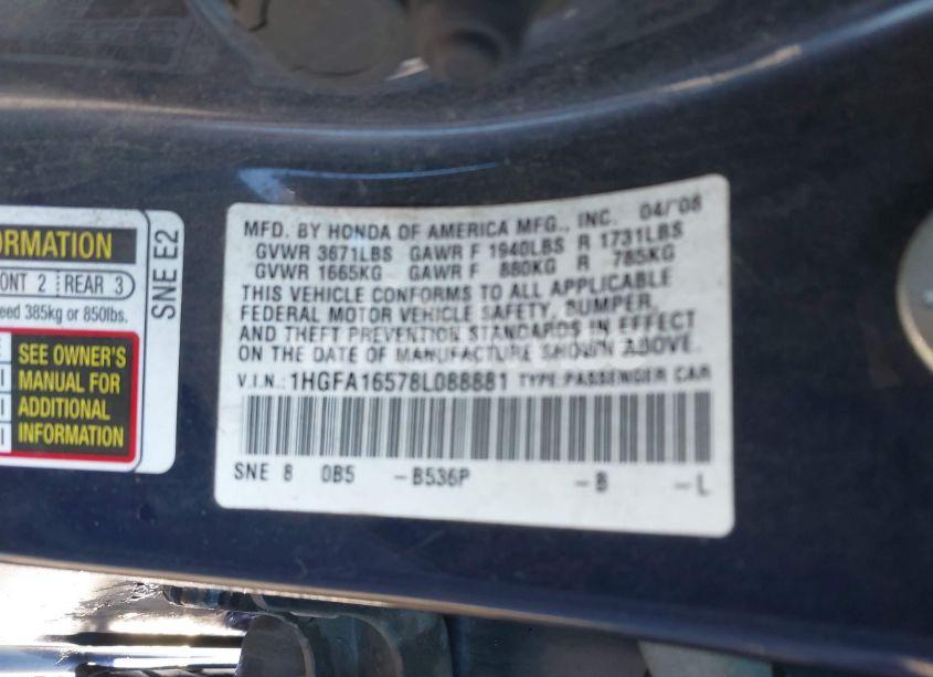Photo 9 of 2008 Honda Civic LX (VIN 1HGFA16578L088881)