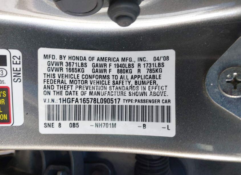 Photo 9 of 2008 Honda Civic LX (VIN 1HGFA16578L090517)
