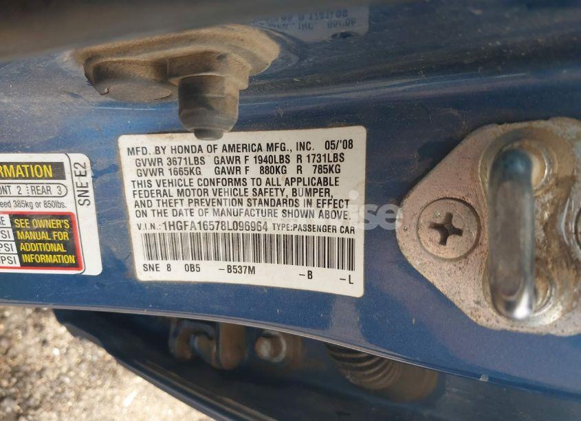 Photo 9 of 2008 Honda Civic LX (VIN 1HGFA16578L096964)