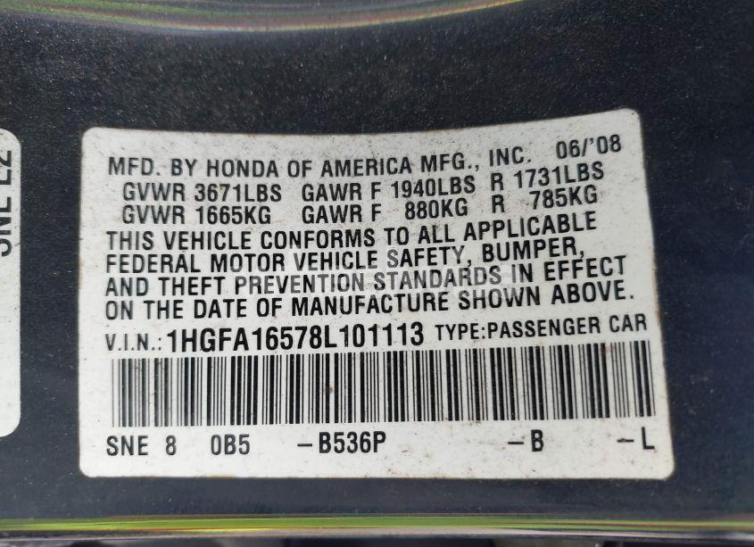 Photo 9 of 2008 Honda Civic LX (VIN 1HGFA16578L101113)