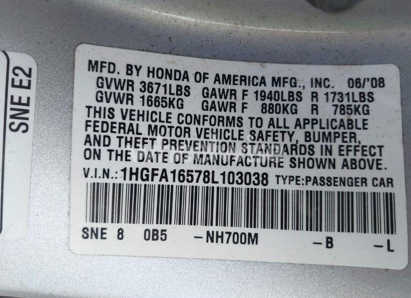 Photo 9 of 2008 Honda Civic LX (VIN 1HGFA16578L103038)