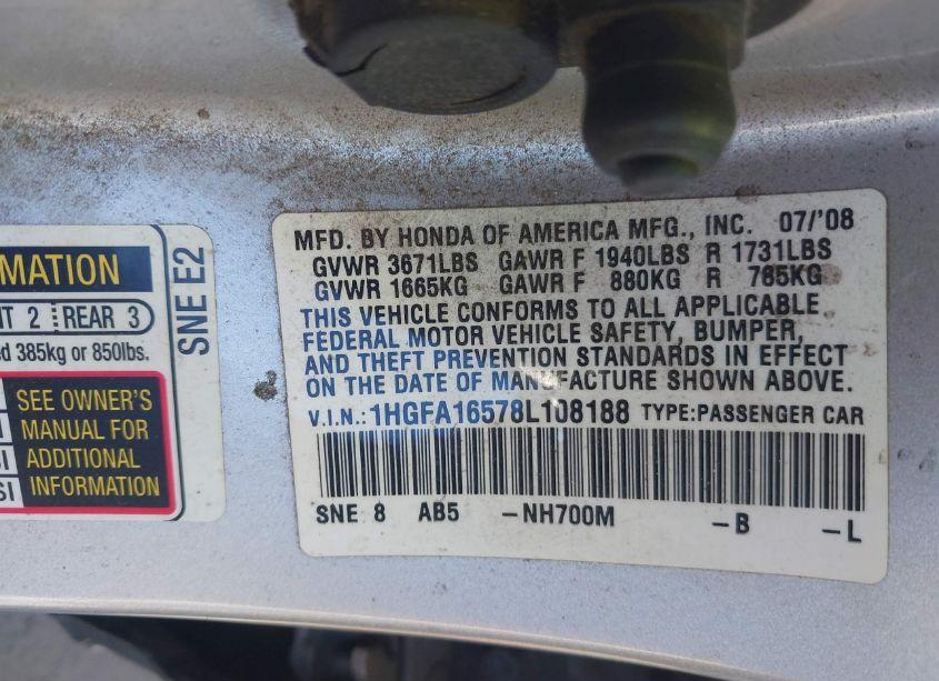 Photo 9 of 2008 Honda Civic LX (VIN 1HGFA16578L108188)