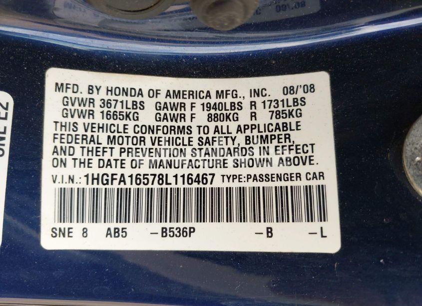 Photo 9 of 2008 Honda Civic LX (VIN 1HGFA16578L116467)