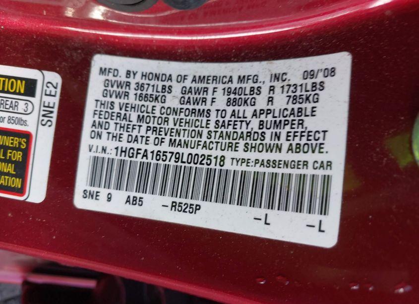 Photo 9 of 2009 Honda Civic LX (VIN 1HGFA16579L002518)