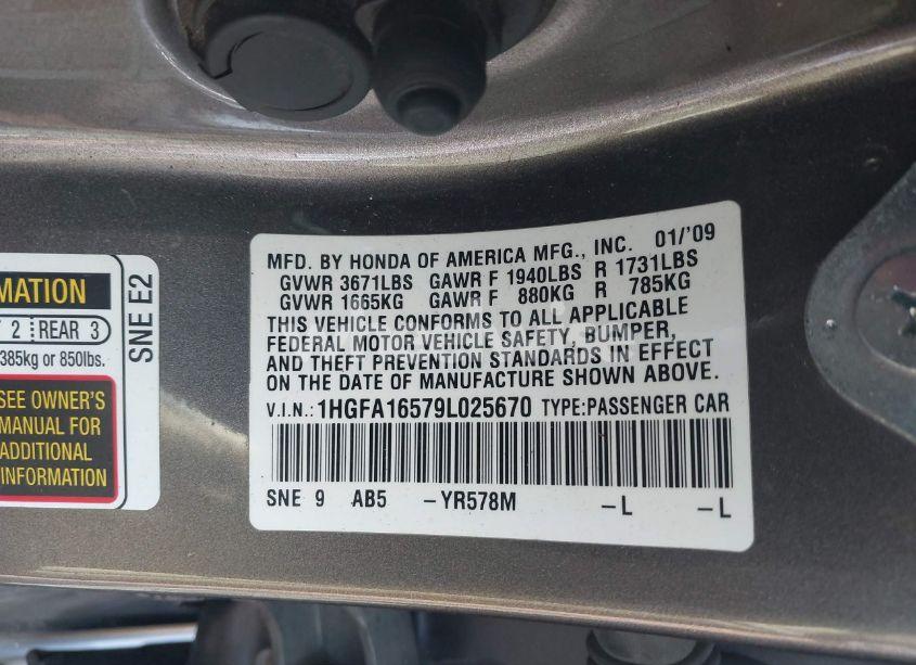 Photo 9 of 2009 Honda Civic LX (VIN 1HGFA16579L025670)