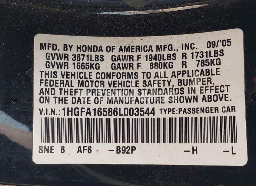 Photo 9 of 2006 Honda Civic LX (VIN 1HGFA16586L003544)