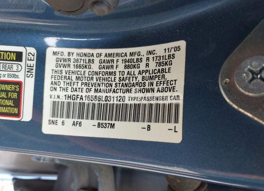 Photo 9 of 2006 Honda Civic LX (VIN 1HGFA16586L031120)