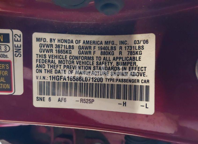 Photo 9 of 2006 Honda Civic LX (VIN 1HGFA16586L071200)